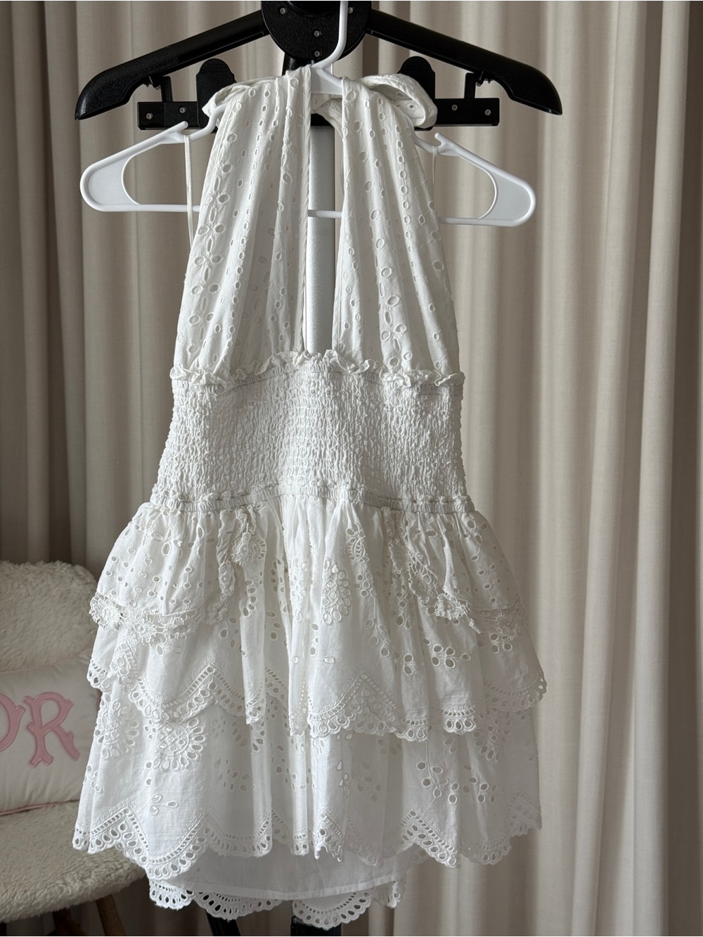 LoveShackFancy Janea Eyelet Lace Halter Mini Dress – White – L
